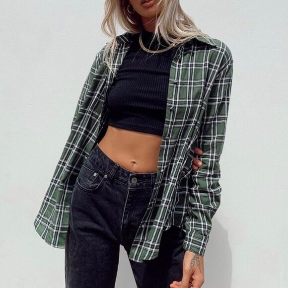 Princess Polly Nora Oversized Forest Green/White Plaid Button Front Shirt 2/XS - Picture 1 of 9